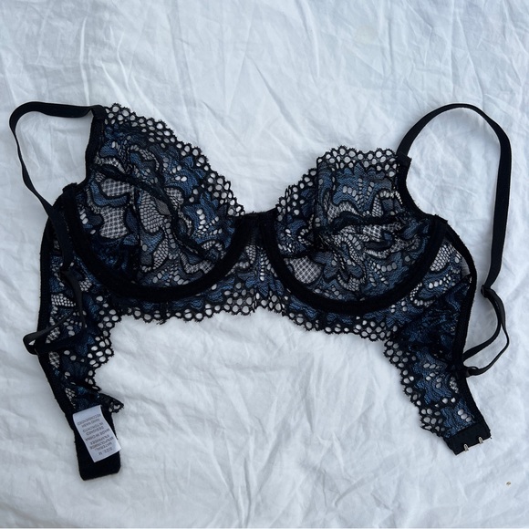 Knotty Knickers Midnight Bloom Black and Blue Metallic Lace Bralette, M - Picture 9 of 13